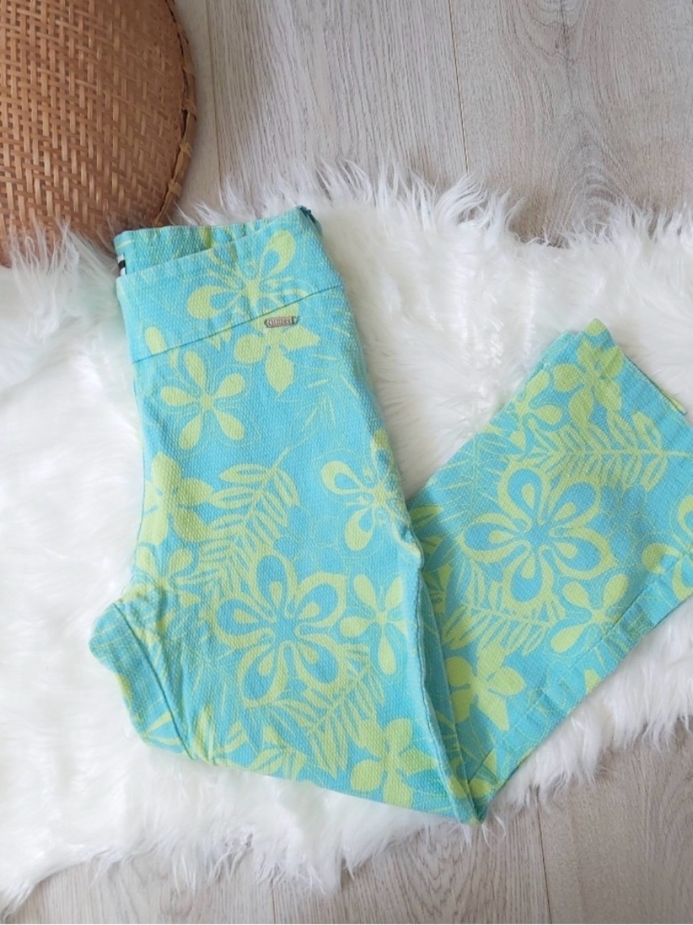 Guess Aqua Pants with Lime Floral Print